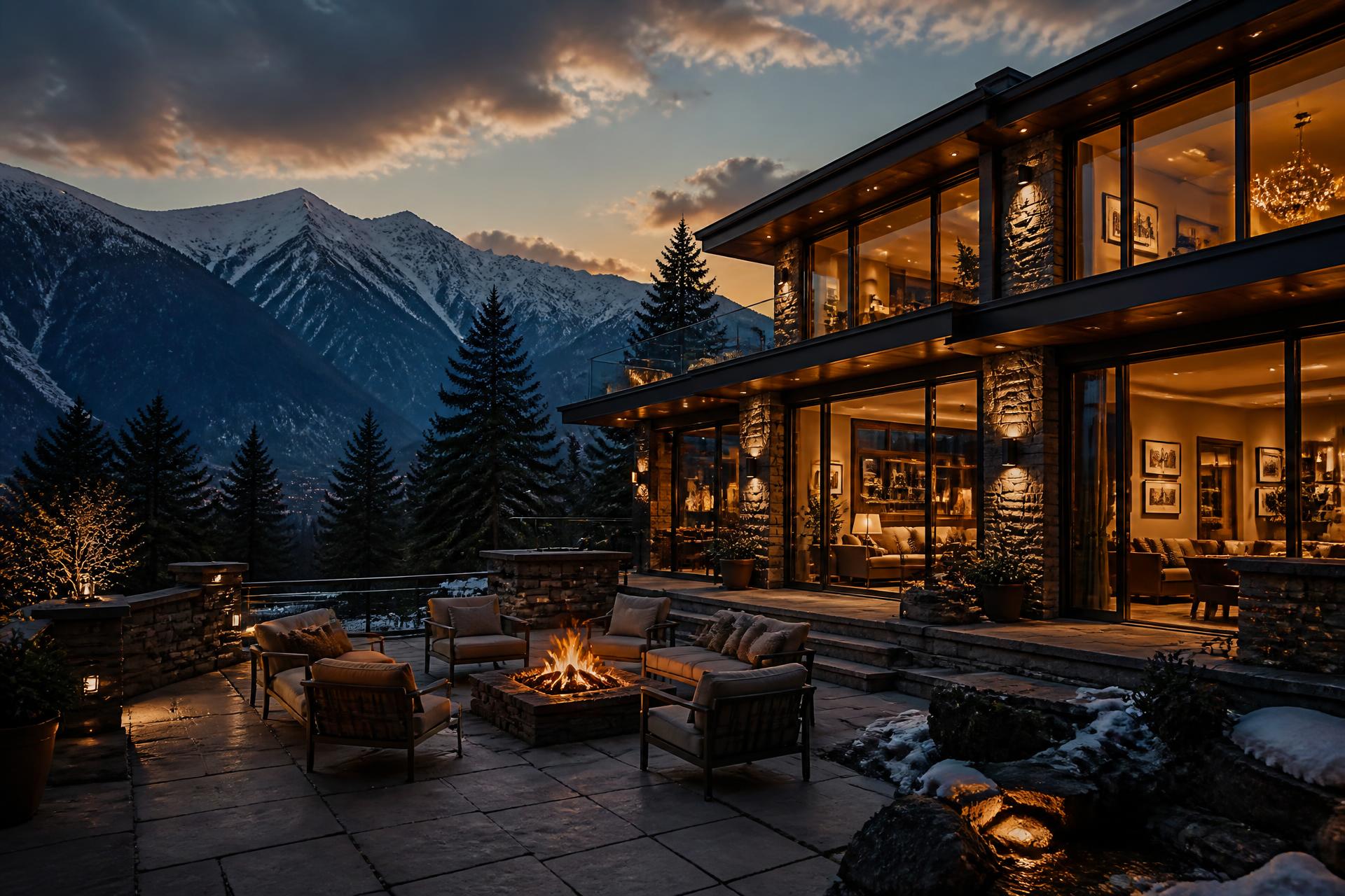Luxury mountain villa at dusk in Manali